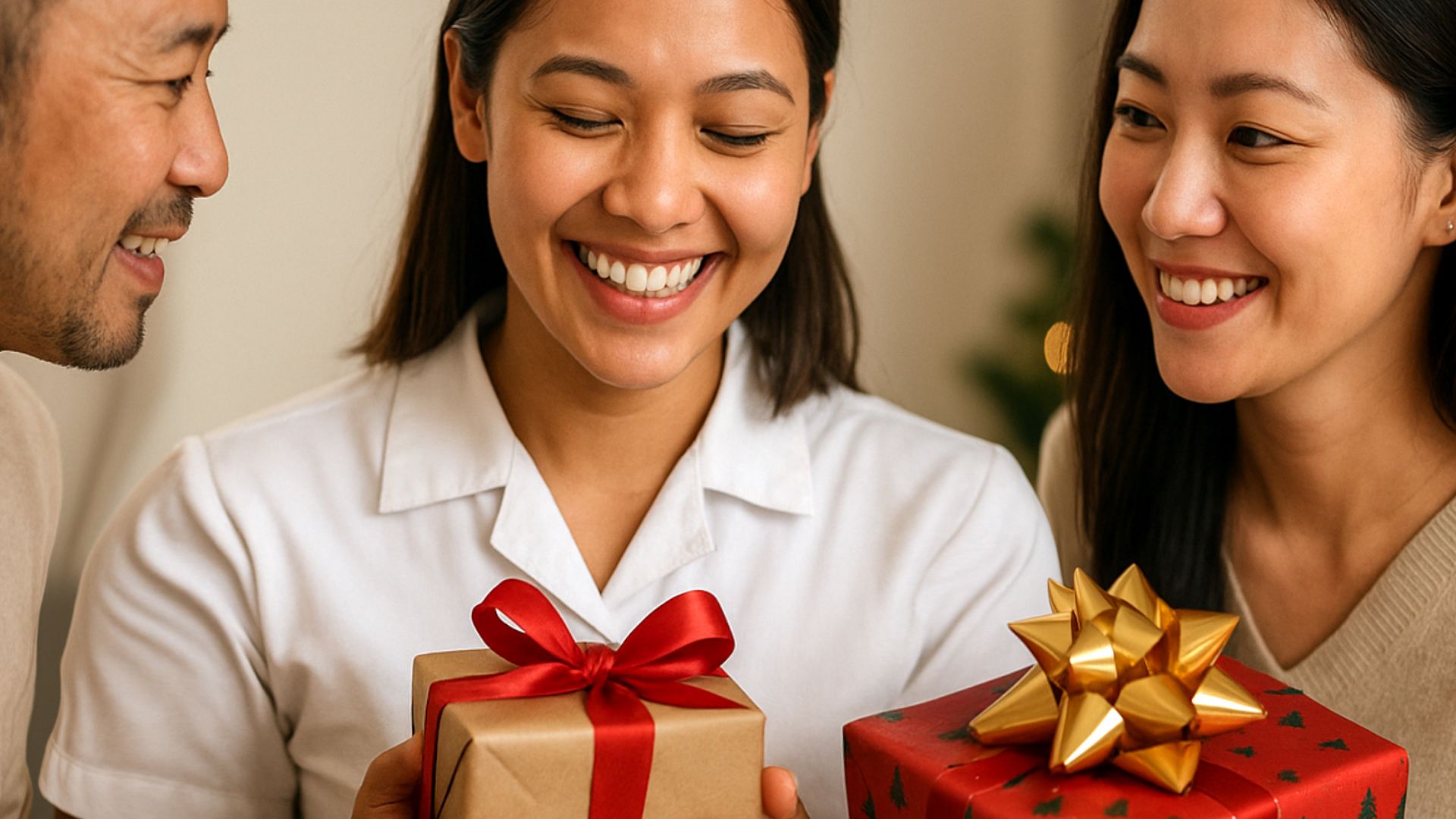 A smiling maid receives two wrapped gifts from her employers, and all three share a warm, appreciative moment indoors