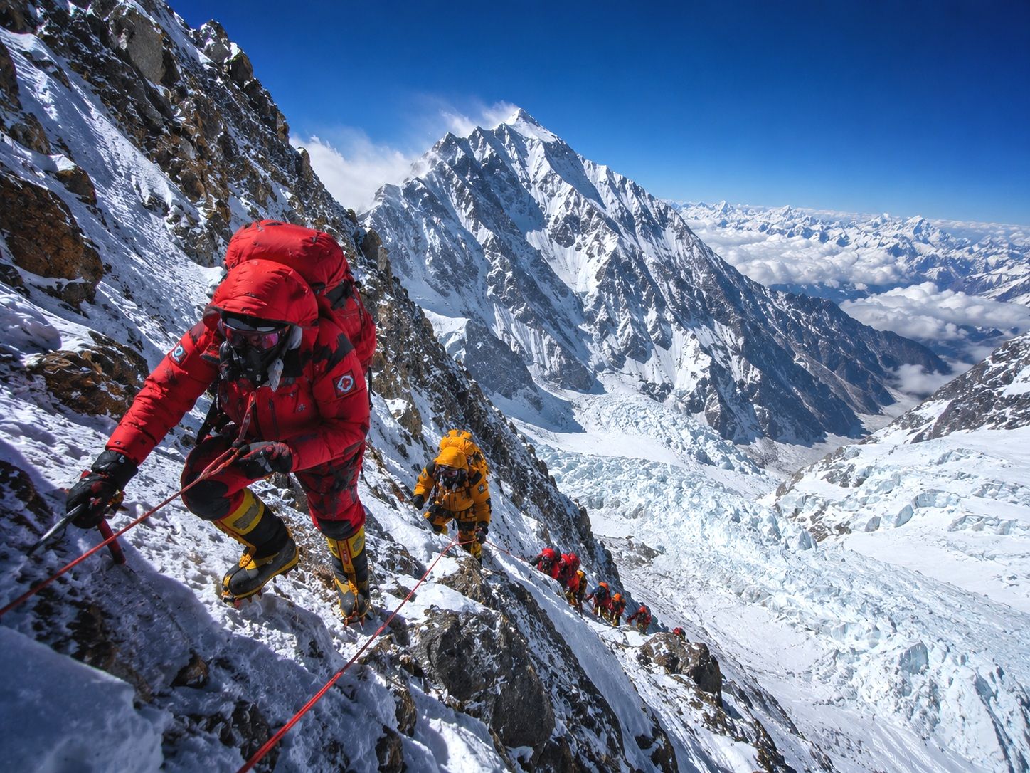 A team of mountaineers in insulated high-altitude suits and oxygen masks climbs a steep, snow-covered mountainside on Mount Everest, using fixed ropes as they spread out along the exposed route, with the vast Khumbu Glacier and rugged Himalayan peaks stretching into the background beneath a clear blue sky
