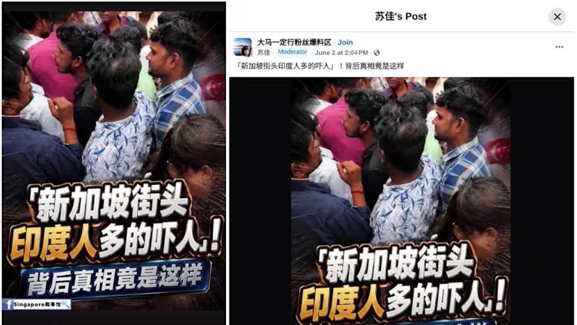 Facebook posts screenshot that uses images and videos of crowded streets along Little India to portray Singapore as being “overrun” by Indians