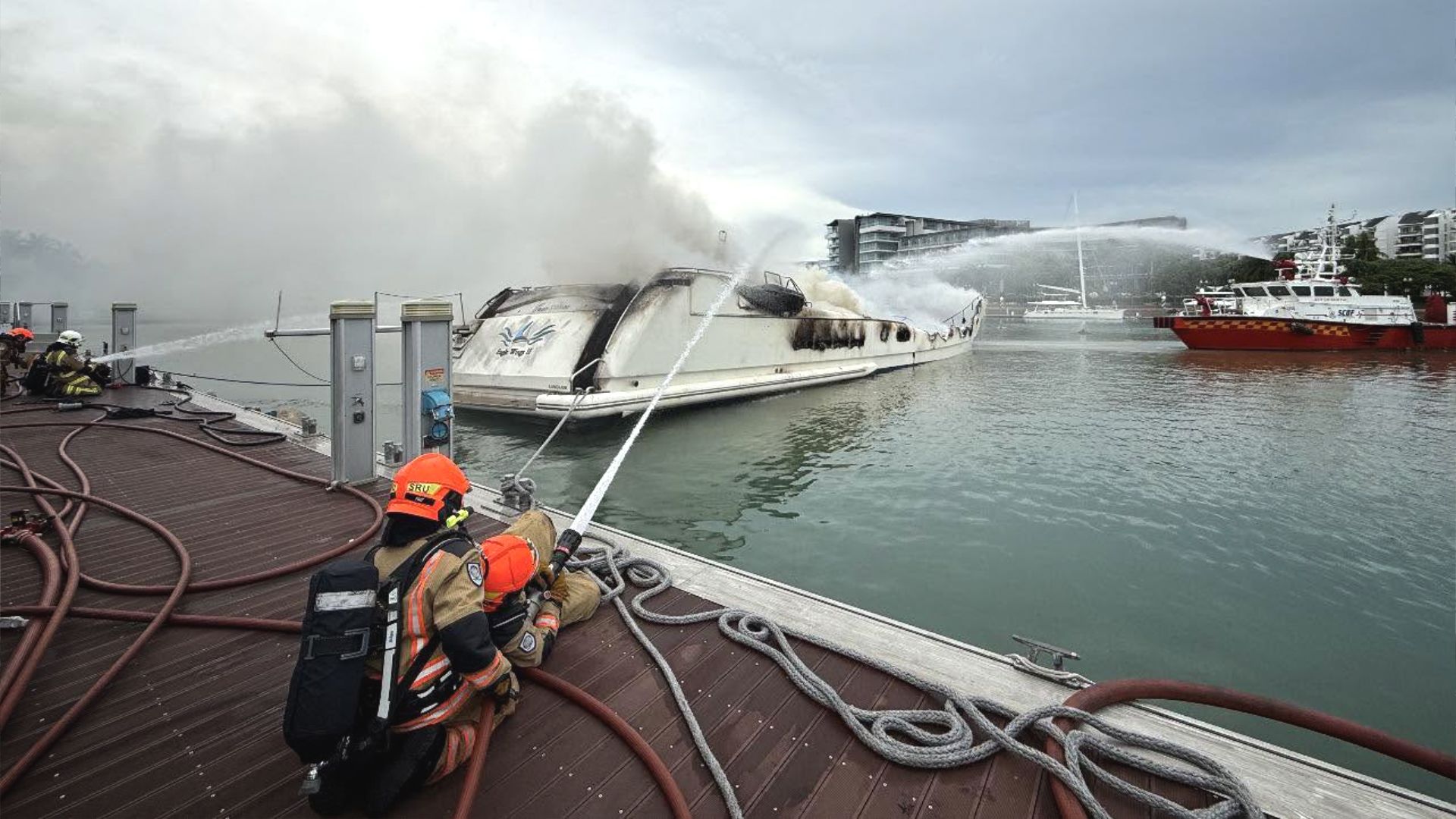 SCDF firefighters extinguished a fire aboard the Eagle Wings III yacht at ONE15 Marina Sentosa Cove