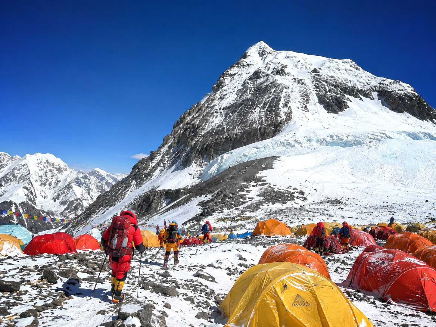 Colourful expedition tents are spread across a snowy, rocky base camp at the foot of Mount Everest, as several climbers carrying backpacks walk between the tents, with a massive ice-covered mountain rising in the background beneath a deep blue sky