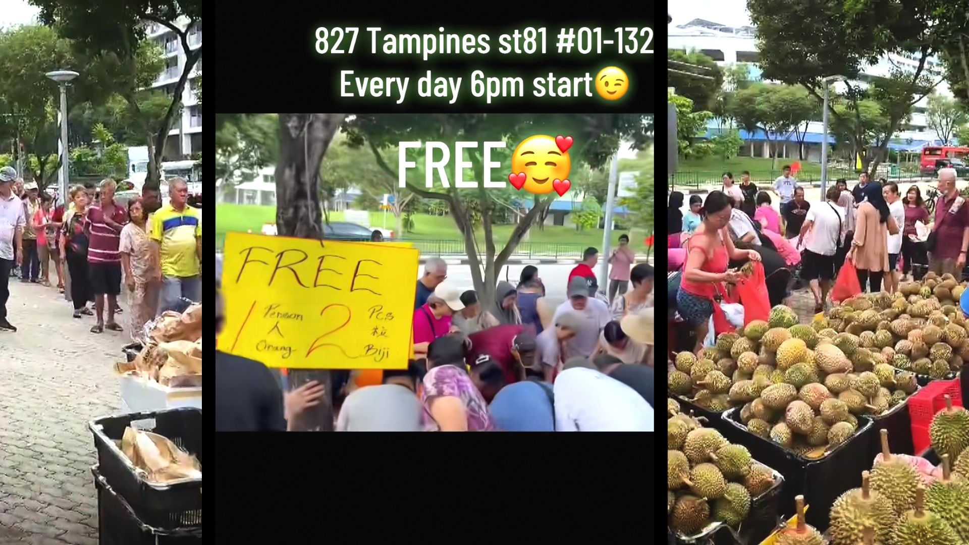 1000kg free durians given away daily until August; long queues of up to 2 hours at Tampines fruit stall