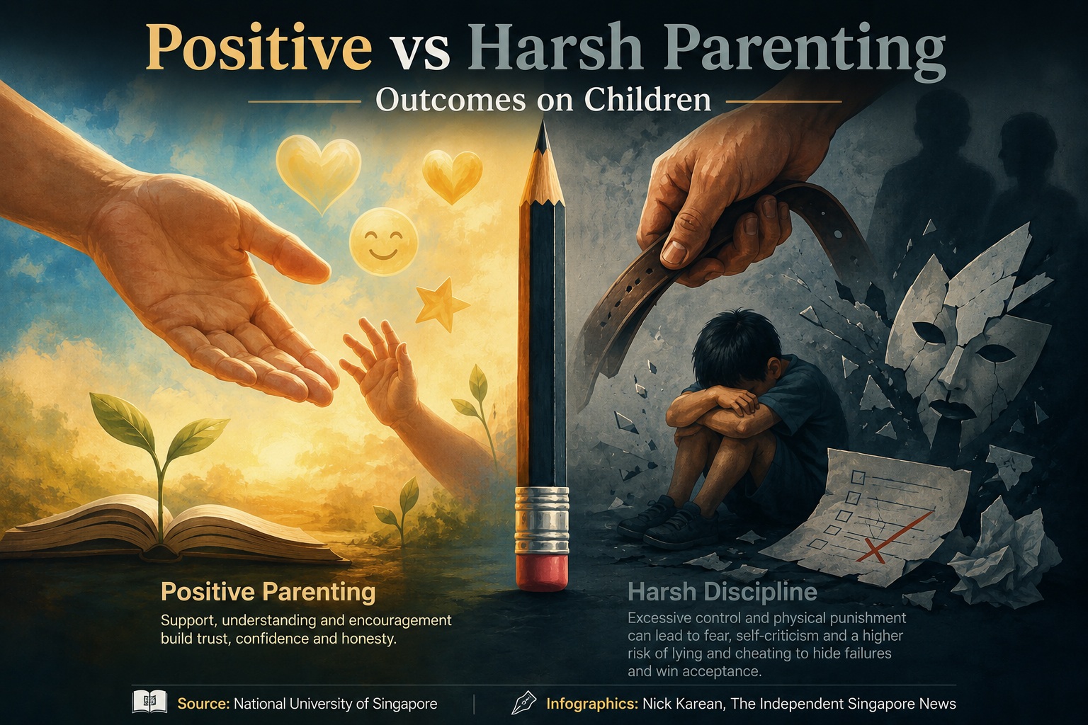 NUS new research: Singapore parents who use physical punishments such as slapping and spanking may increase their child’s lying and cheating behaviour to hide failures and win acceptance 1 Positive vs harsh parenting outcomes on children