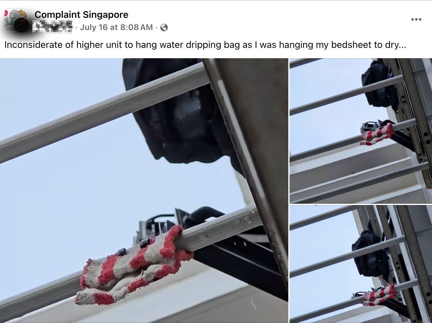 'How to dry my laundry?': Resident upset after upstairs neighbour lets water drip onto bedsheet 1 Complaint Singapore