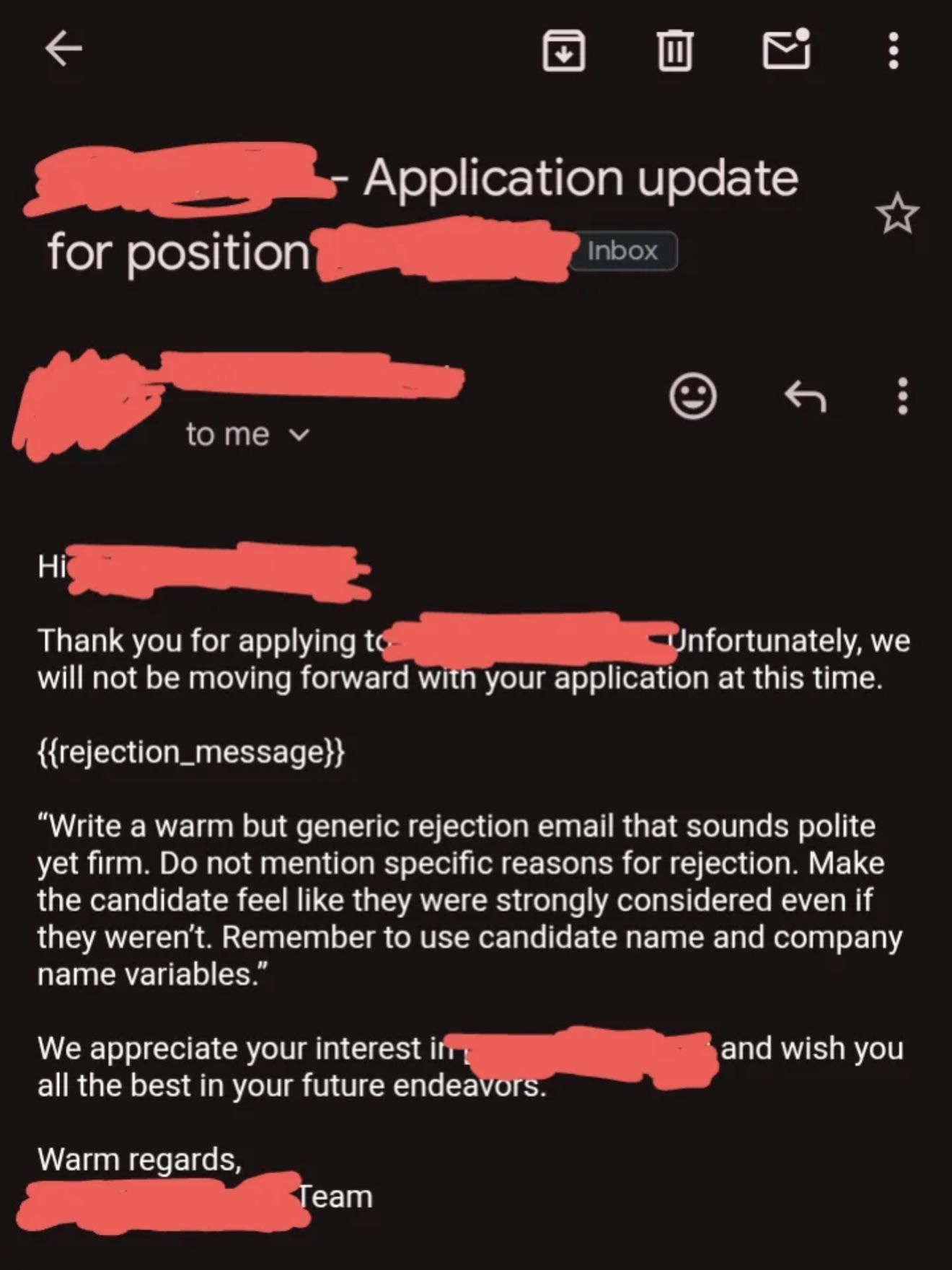 HR rejection email
