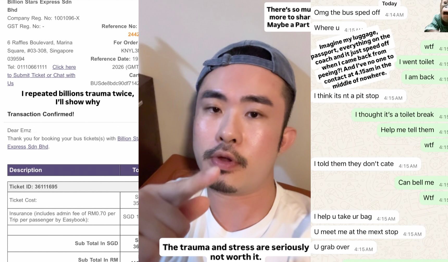 Singapore man says Malaysian bus company arrived late for pickup, then left him at pit stop at 4:15 am