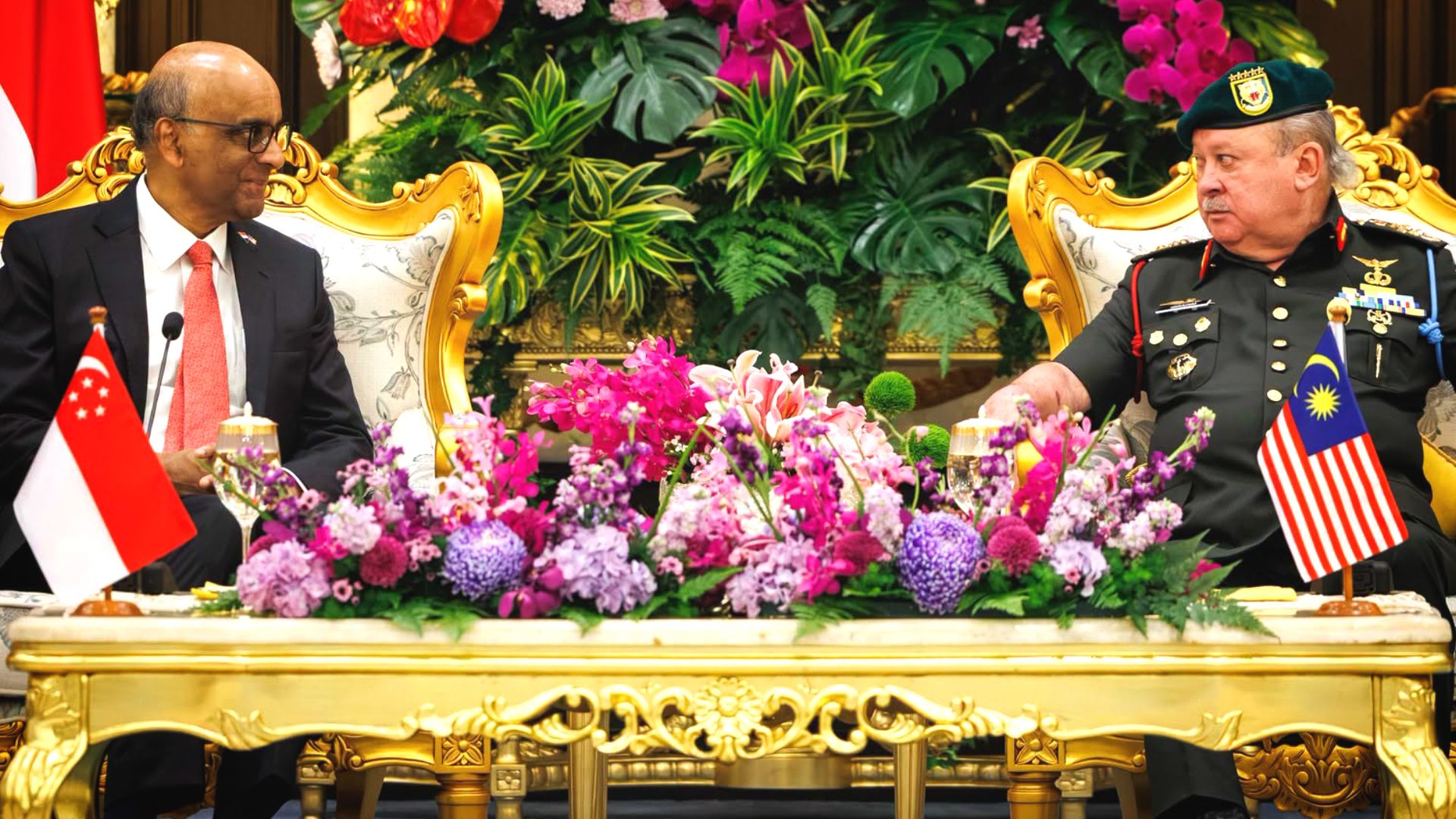 Singapore's President Tharman Shanmugaratnam (left) meets Malaysia's King Sultan Ibrahim Sultan Iskandar (right) on July 13, 2026