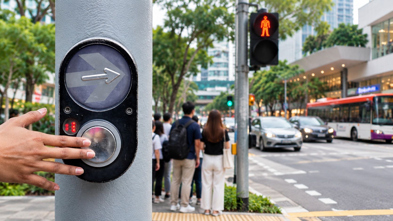 Pedestrian crossing button and traffic lights