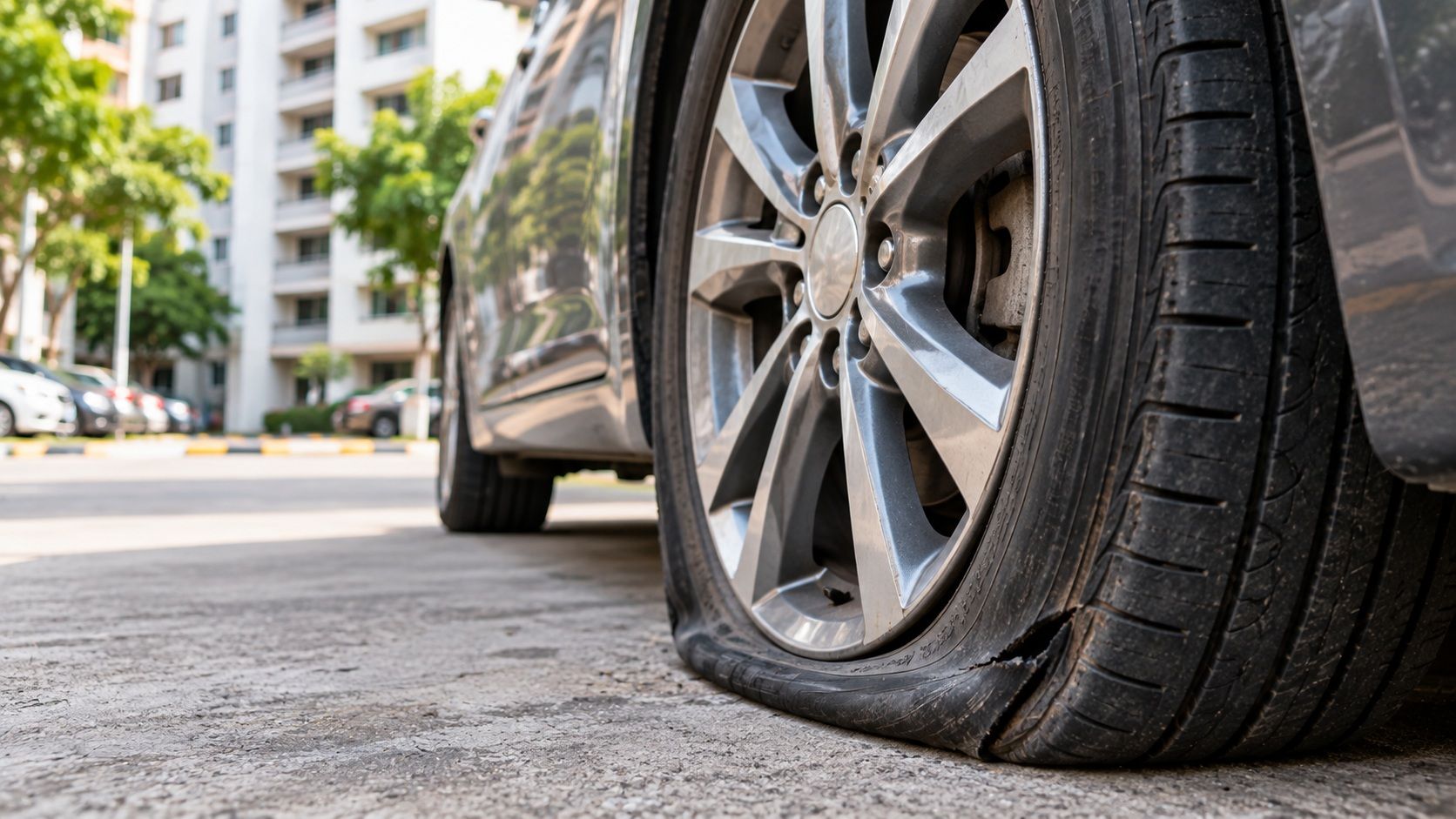 Punctured car tyre in residential parking area