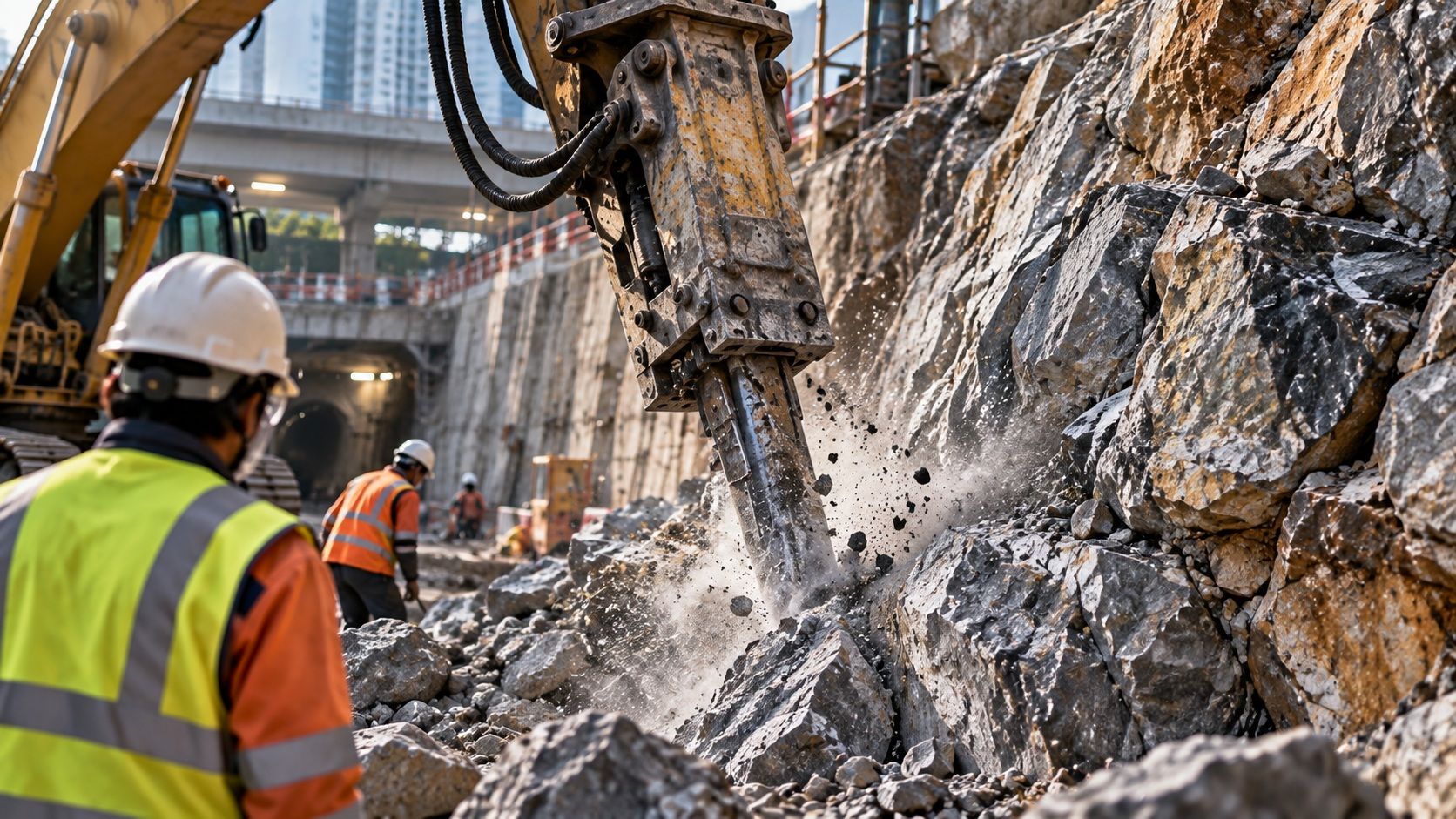 Workers and heavy machinery carrying out construction work at a large infrastructure site