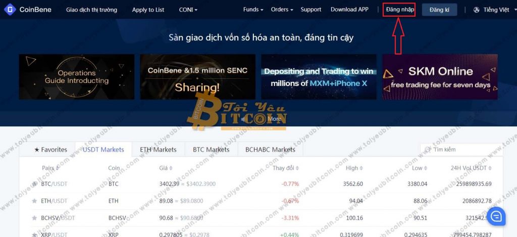 Đăng nhập vào sàn Coinbene. Ảnh 1