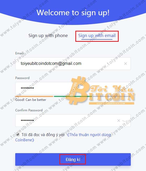 Đăng ký tạo tài khoản trên Coinbene. Ảnh 1