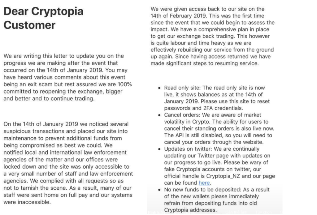 Cryptopia gửi mail thông báo hoạt động lại cho người dùng.