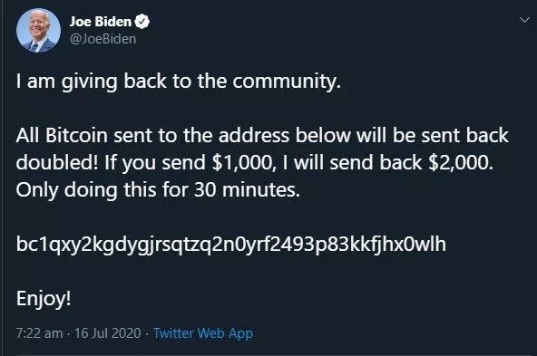 Dòng tweet mà hacker đăng tải trên tài khoản của Joe Biden để lừa kiếm Bitcoin. Nguồn: Twitter