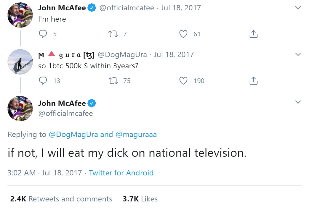 John McAfee tweet ông sẽ ăn 'trym' của mình nếu Bitcoin không đạt được $500k. Nguồn: John McAfee Twitter