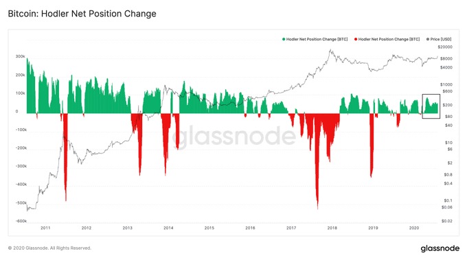 Chỉ báo Bitcoin Hodlers Net Position Change đang tích cực. Nguồn: Glassnode