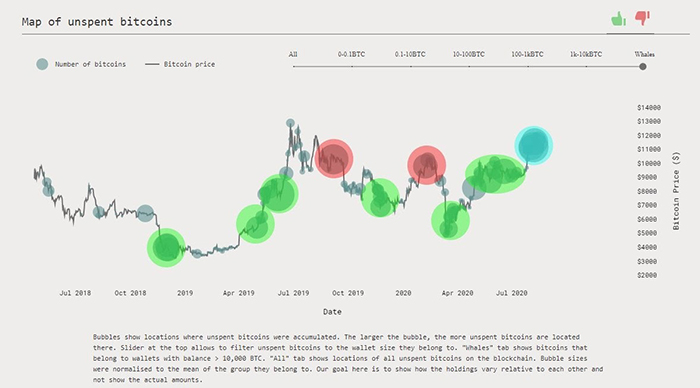 "Cụm cá voi" trên đỉnh của biểu đồ tuần giá Bicoin. Nguồn: David Puell