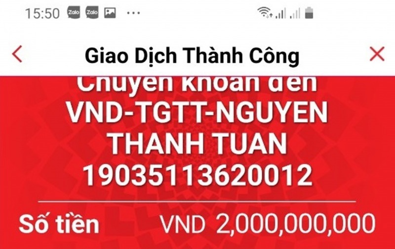 Nhiều người chuyển hàng tỷ đồng qua tài khoản của Nguyễn Thanh Tuấn.