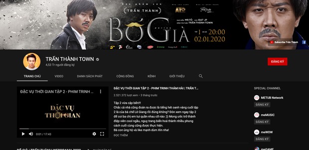 Kênh YouTube của Trấn Thành. Ảnh: Chụp màn hình