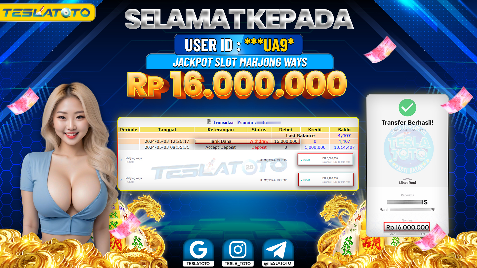 TESLATOTO JACKPOT SLOT MAHJONG WAYS Rp. 16.000.000 LUNAS