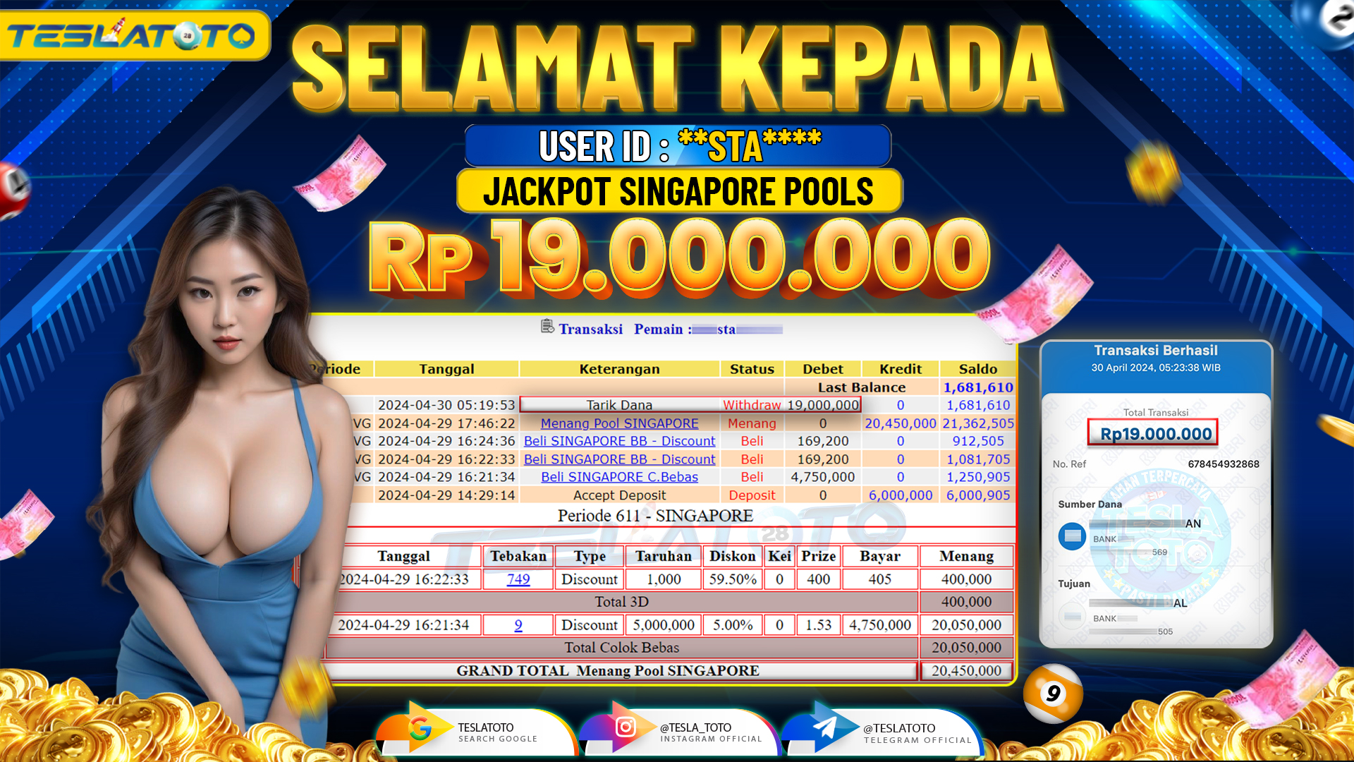 TESLATOTO JACKPOT SINGAPORE POOLS  Rp. 19.000.000 LUNAS
