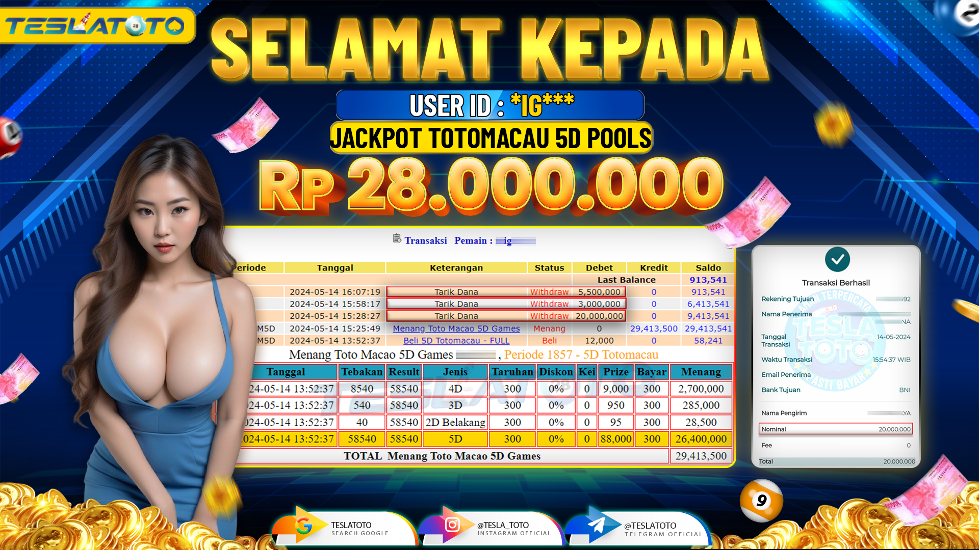 TESLATOTO JACKPOT TOTO MACAU 5D POOLS  Rp. 28.000.000 LUNAS