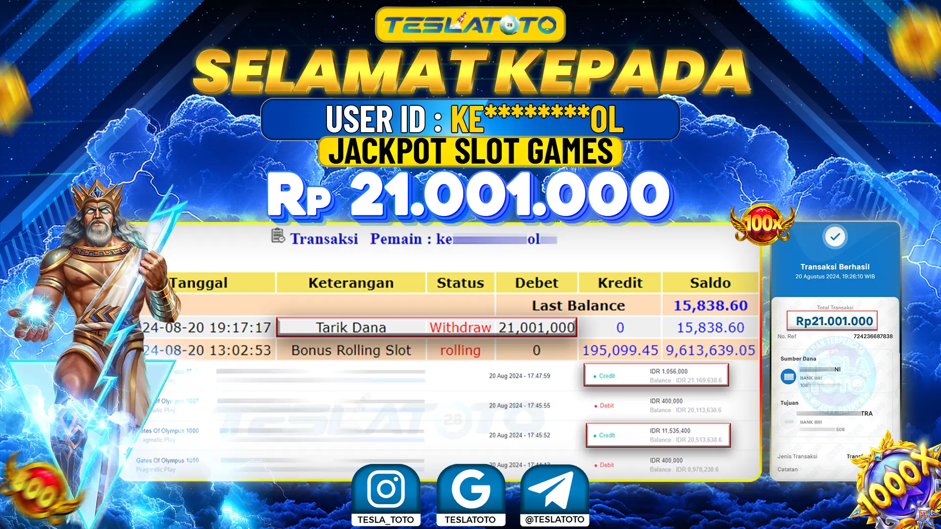 TESLATOTO JACKPOT SLOT GATES Of OLYMPUS 1000 Rp. 21.001.000 LUNAS