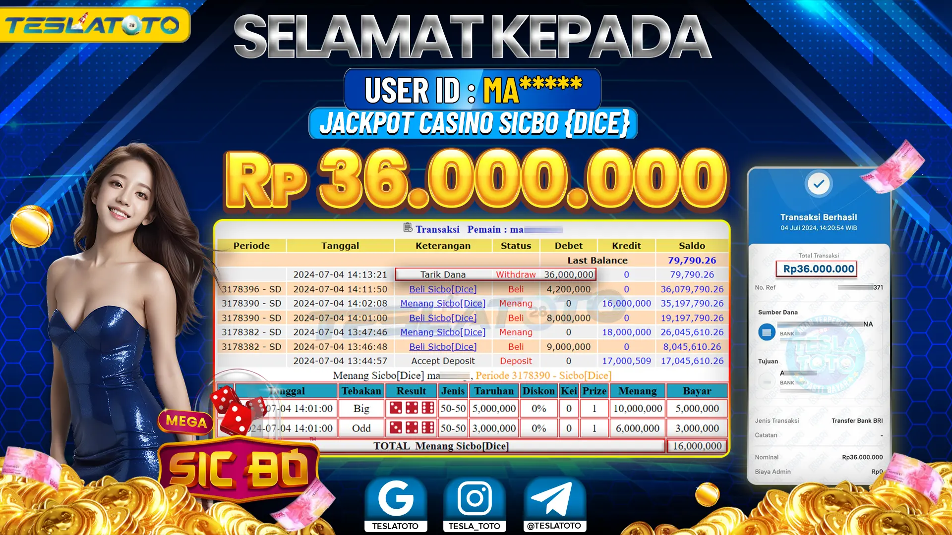 TESLATOTO JACKPOT CASINO SICBO {DICE} Rp. 36.000.000 LUNAS