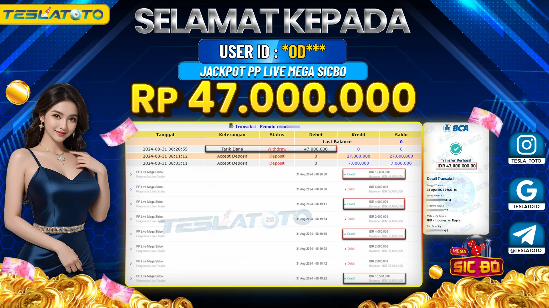 TESLATOTO JACKPOT CASINO SICBO {DICE} Rp. 47.000.000 LUNAS
