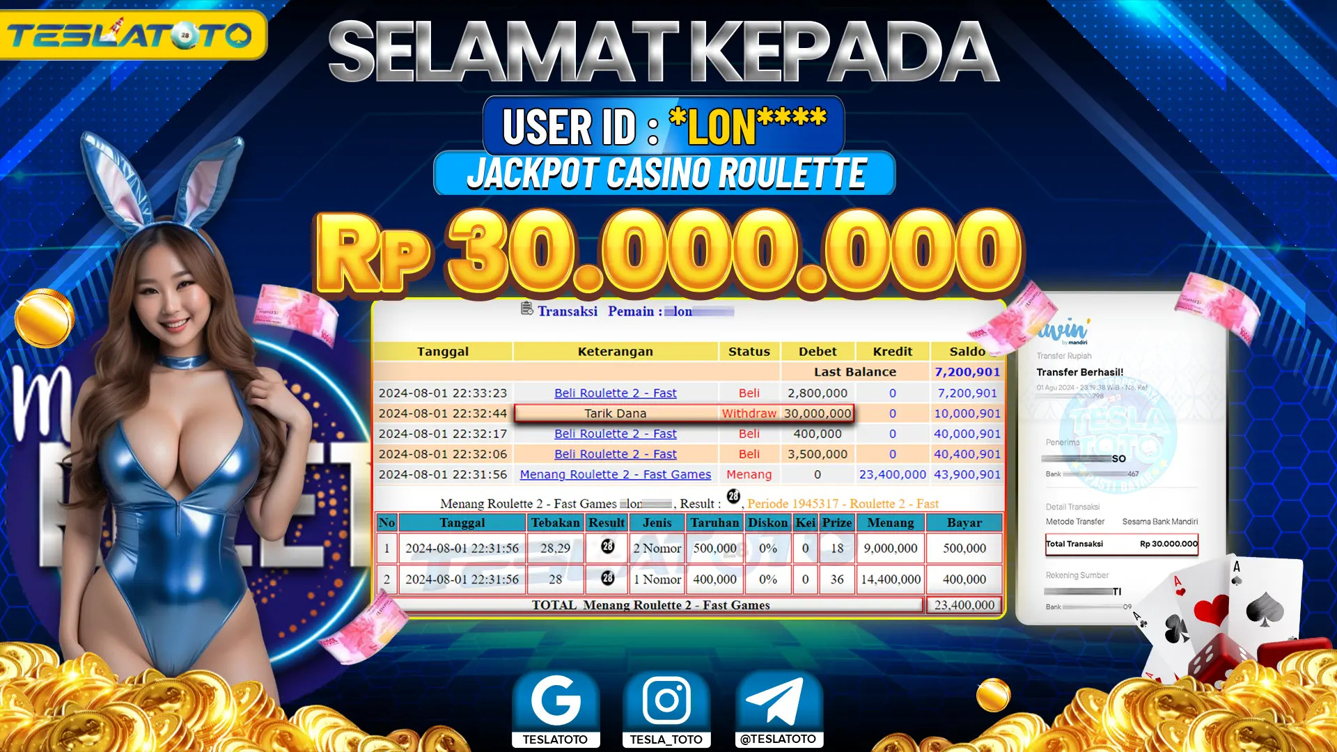 TESLATOTO JACKPOT CASINO ROULETTE Rp. 30.000.000 LUNAS