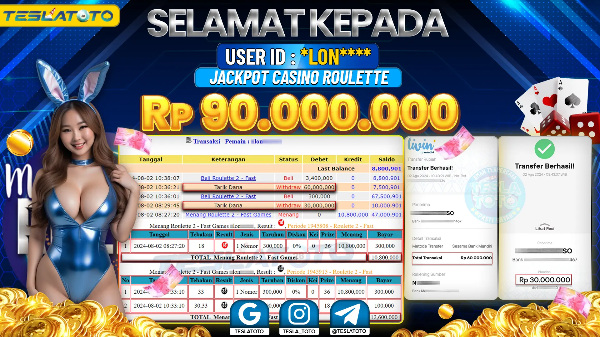 TESLATOTO JACKPOT CASINO ROULETTE Rp. 90.000.000 LUNAS