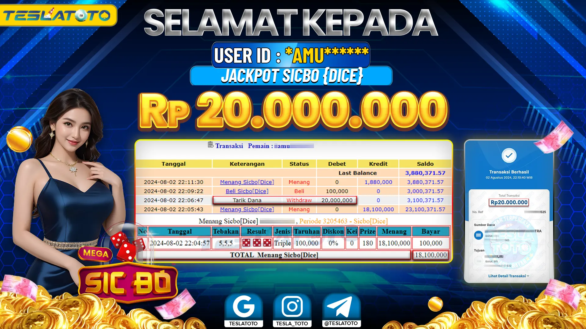 TESLATOTO JACKPOT CASINO SICBO {DICE} Rp. 20.000.000 LUNAS