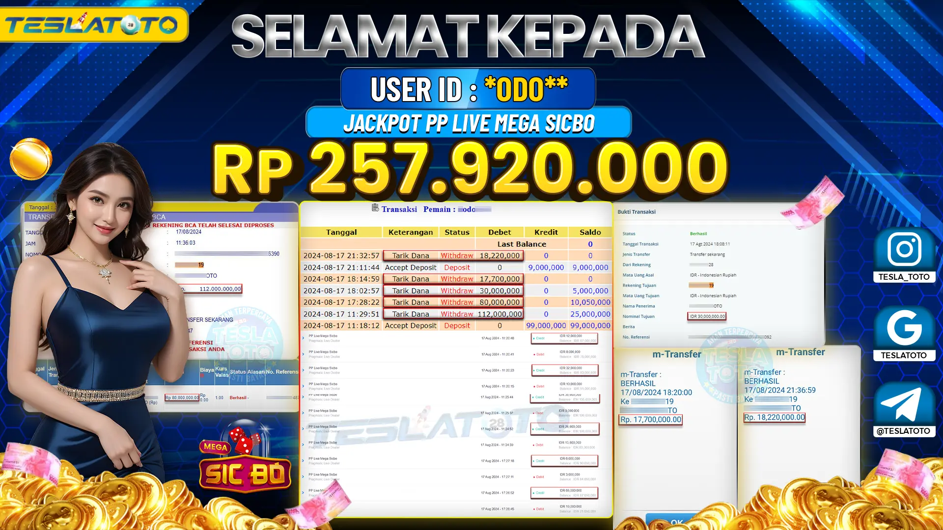 TESLATOTO JACKPOT CASINO PP LIVE MEGA SICBO Rp. 257.920.000 LUNAS