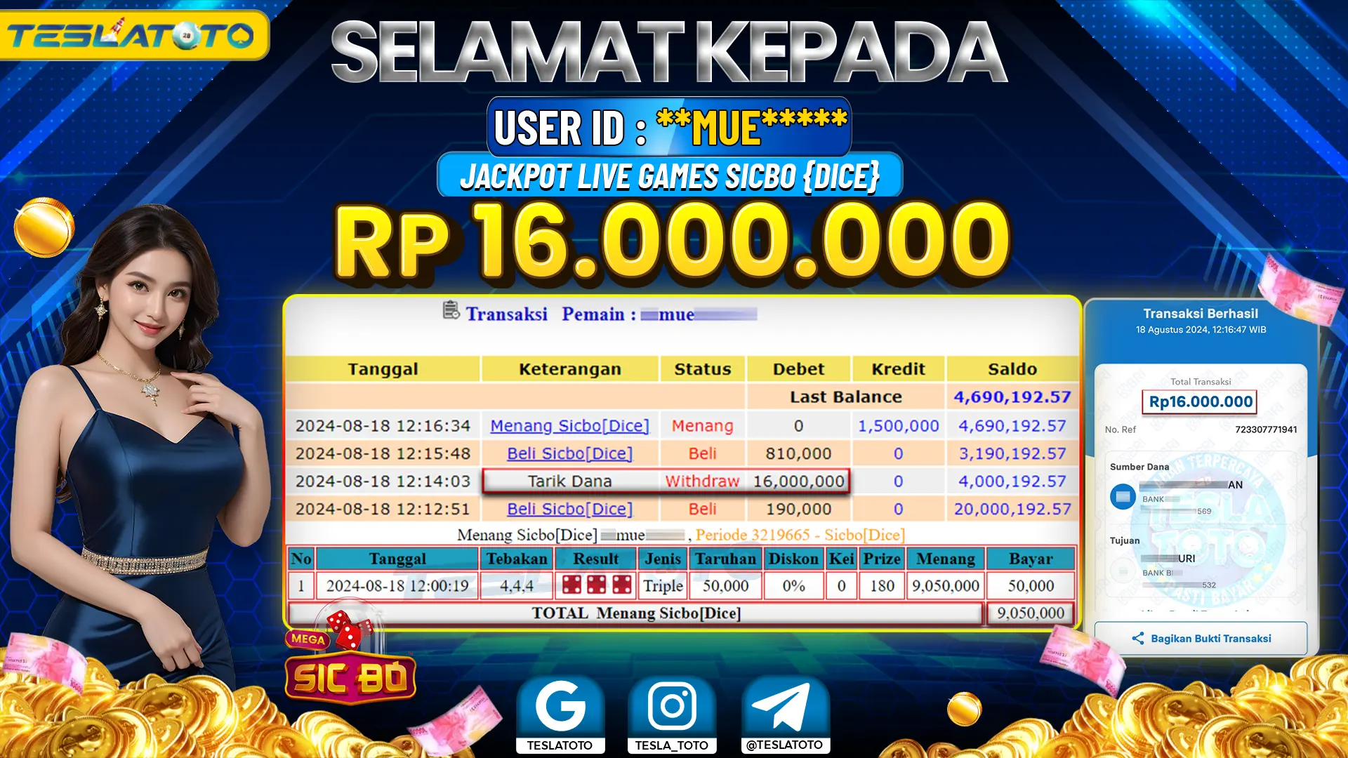 TESLATOTO JACKPOT CASINO SICBO{DICE} Rp. 16.000.000 LUNAS