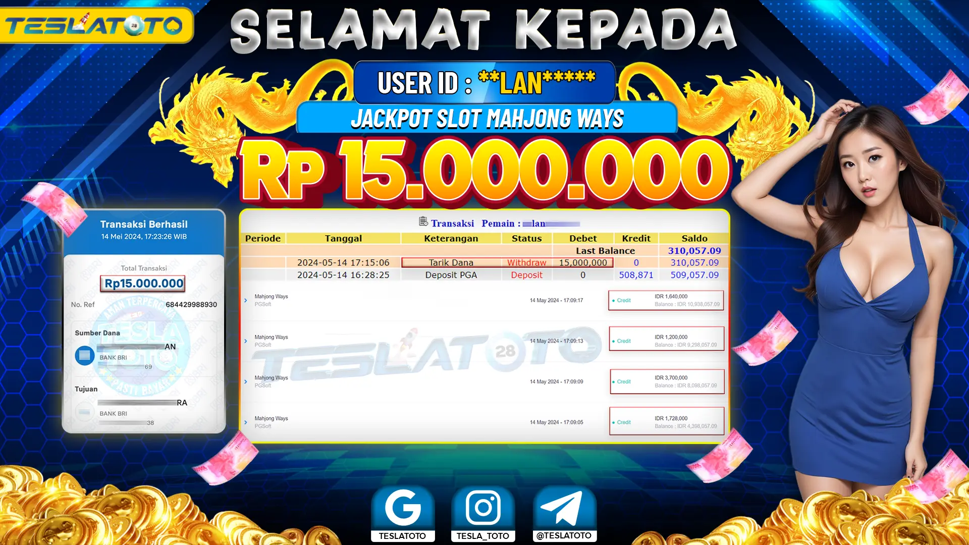 TESLATOTO JACKPOT SLOT MAHJONG WAYS Rp. 15.000.000 LUNAS