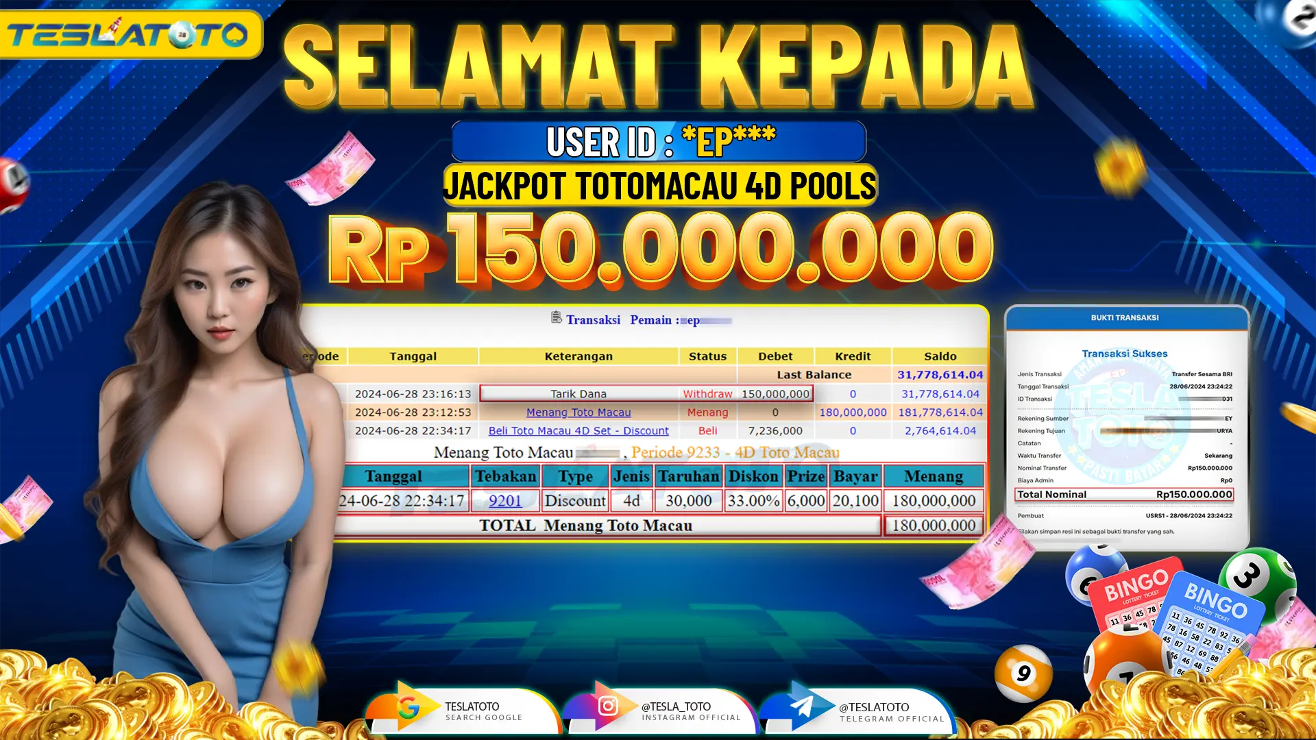 TESLATOTO JACKPOT TOTO MACAU 4D POOLS  Rp. 150.000.000 LUNAS