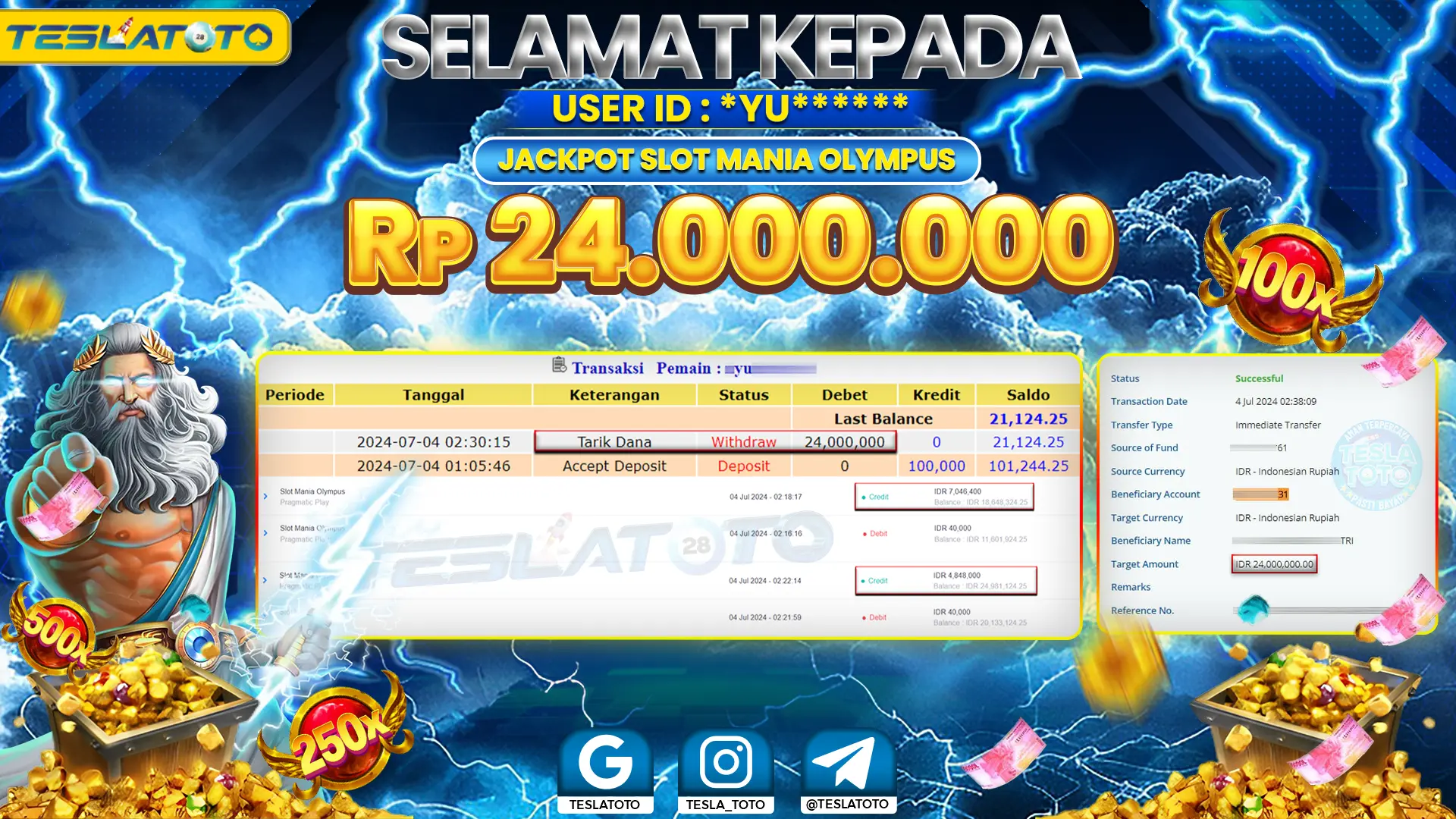 TESLATOTO JACKPOT SLOT MANIA OLYMPUS Rp. 24.000.000 LUNAS