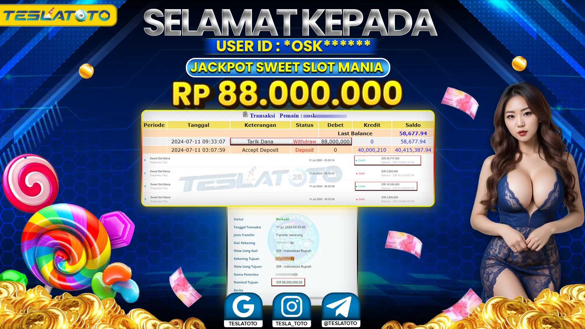 TESLATOTO JACKPOT SWEET SLOT MANIA Rp. 88.000.000 LUNAS