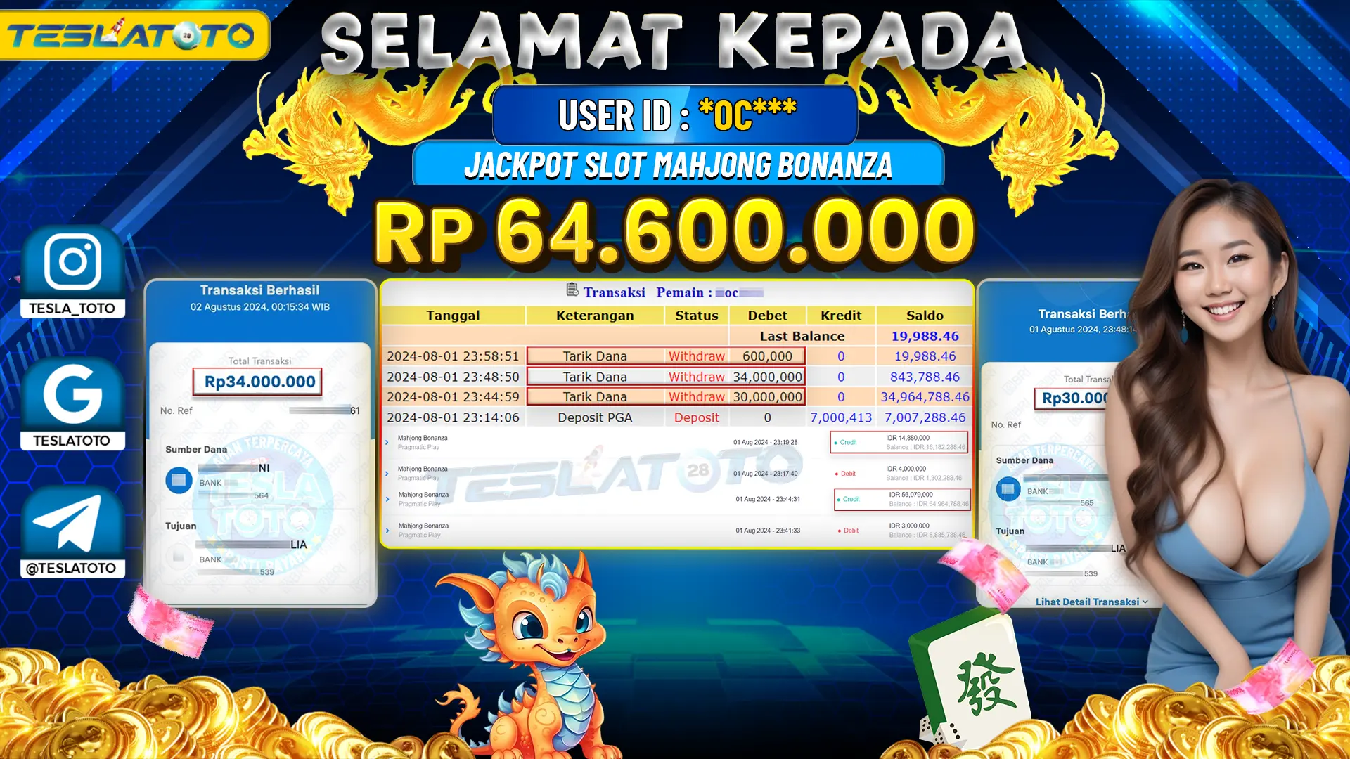TESLATOTO JACKPOT SLOT MAHJONG BONANZA Rp. 64.600.000 LUNAS