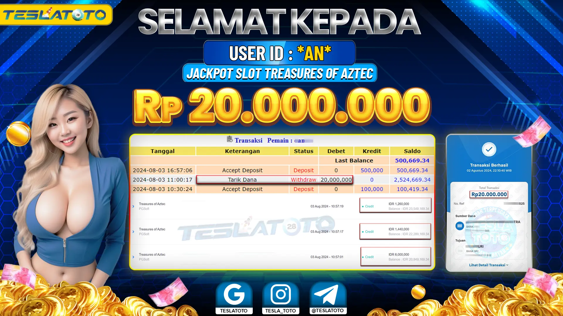TESLATOTO JACKPOT SLOT TREASURES OF AZTEC Rp. 20.000.000 LUNAS