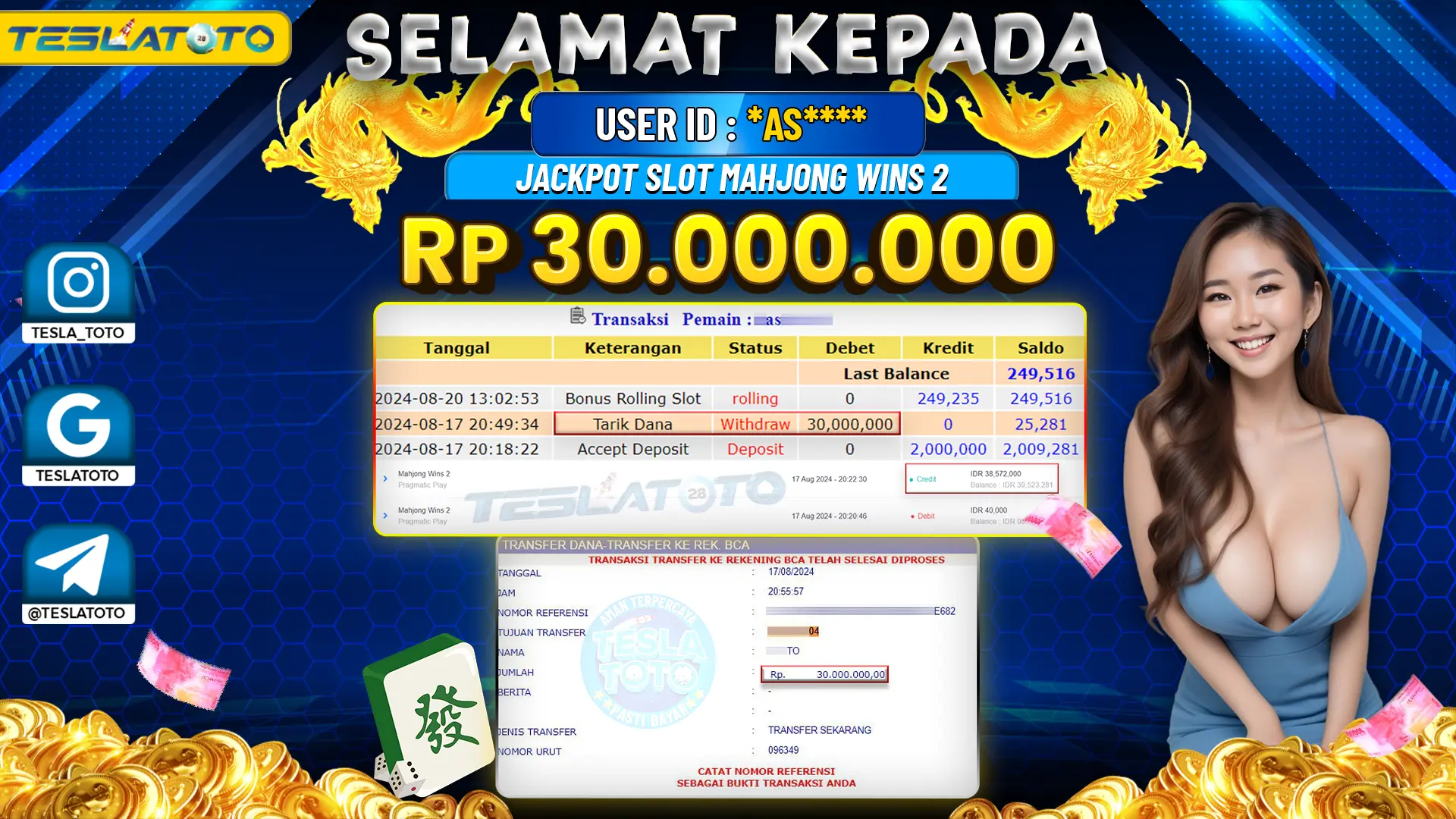 TESLATOTO JACKPOT SLOT MAHJONG WINS 2 Rp. 30.000.000 LUNAS