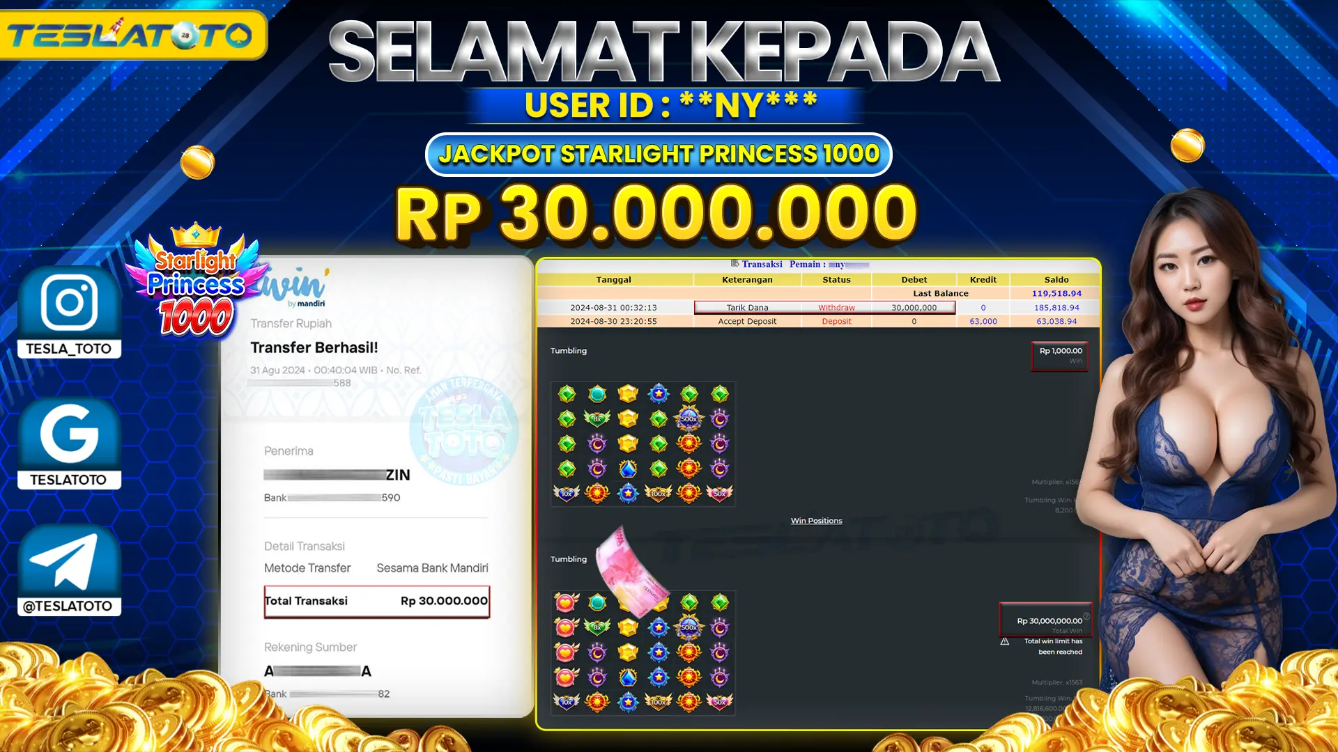 TESLATOTO JACKPOT SLOT STARLIGHT PRINCESS 1000 Rp. 30.000.000 LUNAS