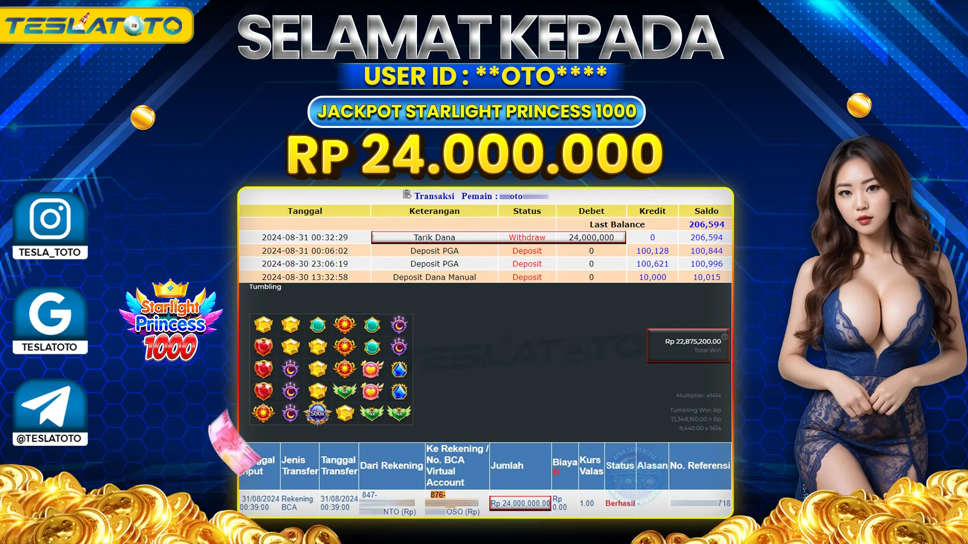 TESLATOTO JACKPOT SLOT STARLIGHT PRINCESS 1000 Rp. 24.000.000 LUNAS