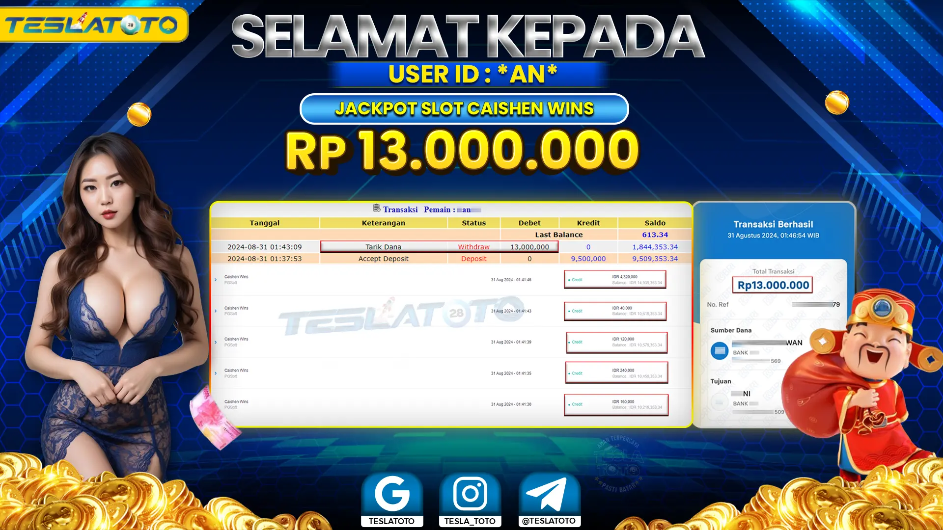 TESLATOTO JACKPOT SLOT CAISHEN WINS Rp. 13.000.000 LUNAS