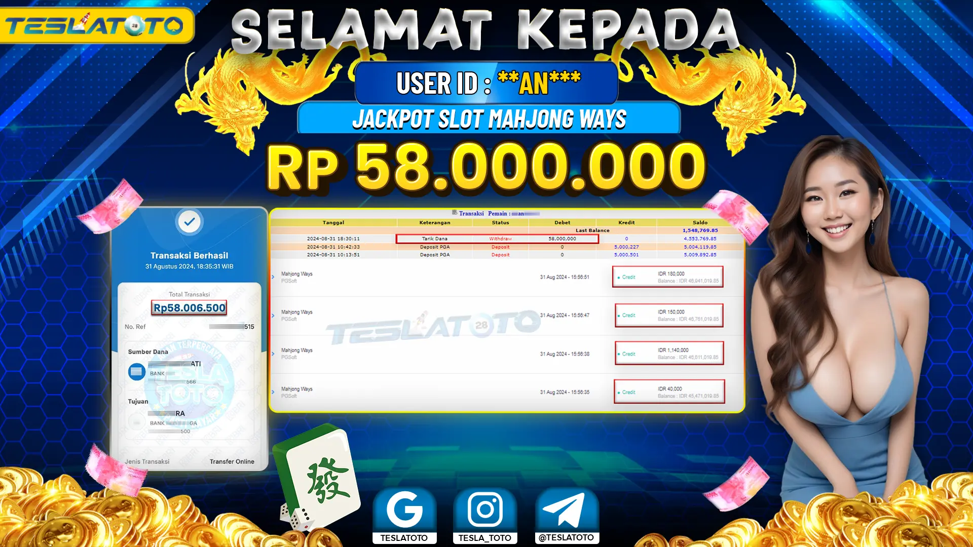 TESLATOTO JACKPOT SLOT MAHJONG WAYS Rp. 58.000.000 LUNAS
