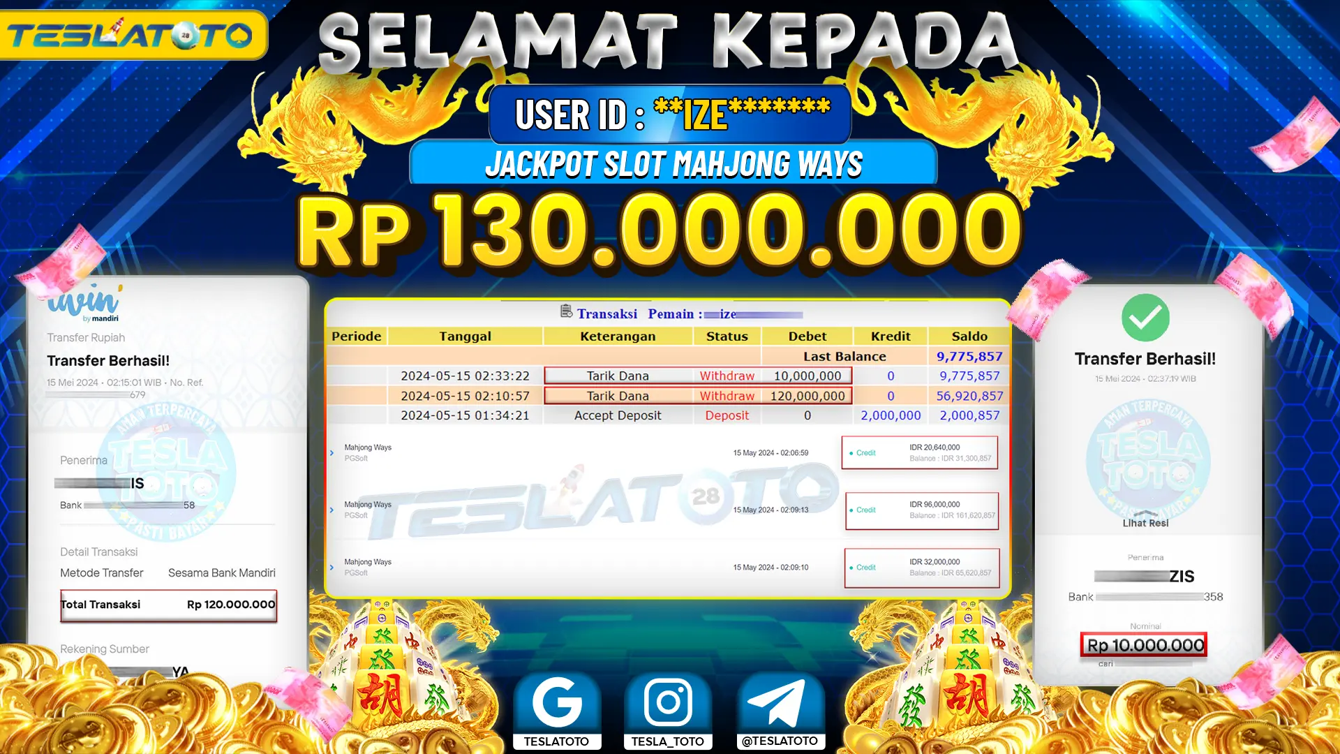 TESLATOTO JACKPOT SLOT MAHJONG WAYS Rp. 130.000.000 LUNAS