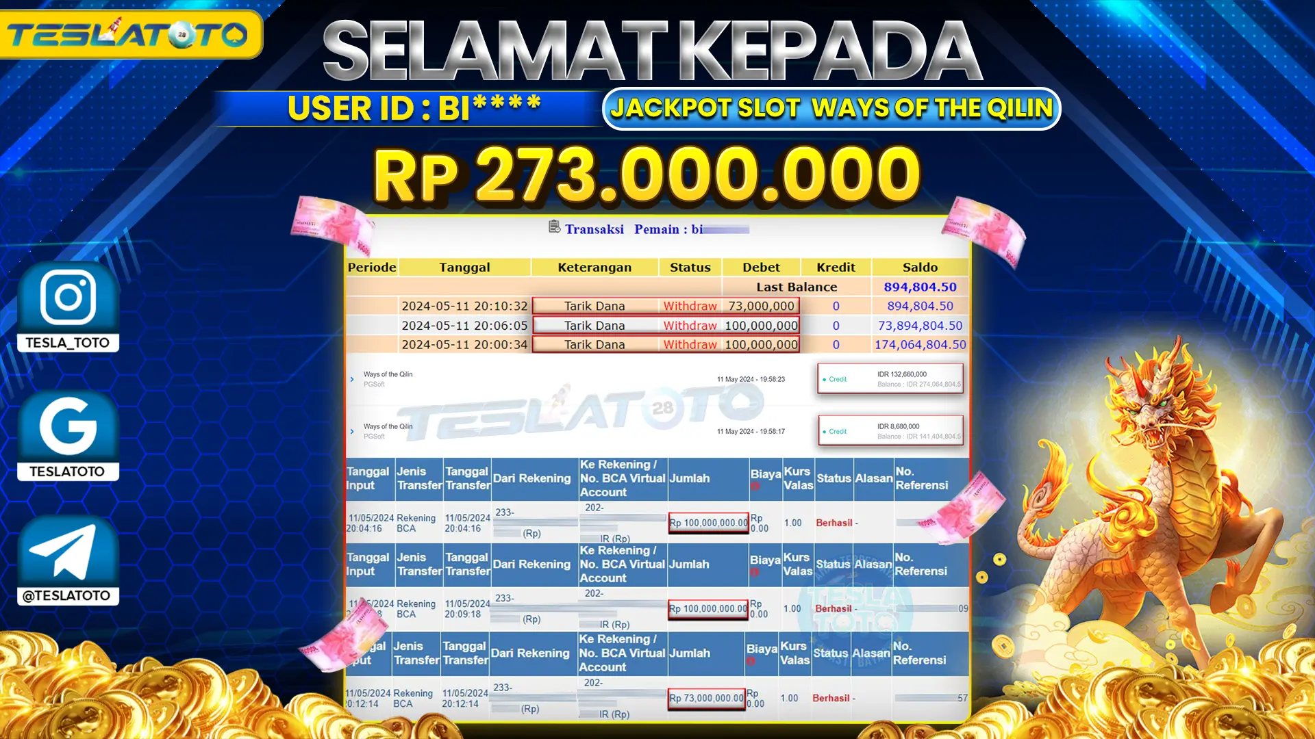 TESLATOTO JACKPOT SLOT WAYS OF THE QILIN Rp. 273.000.000 LUNAS