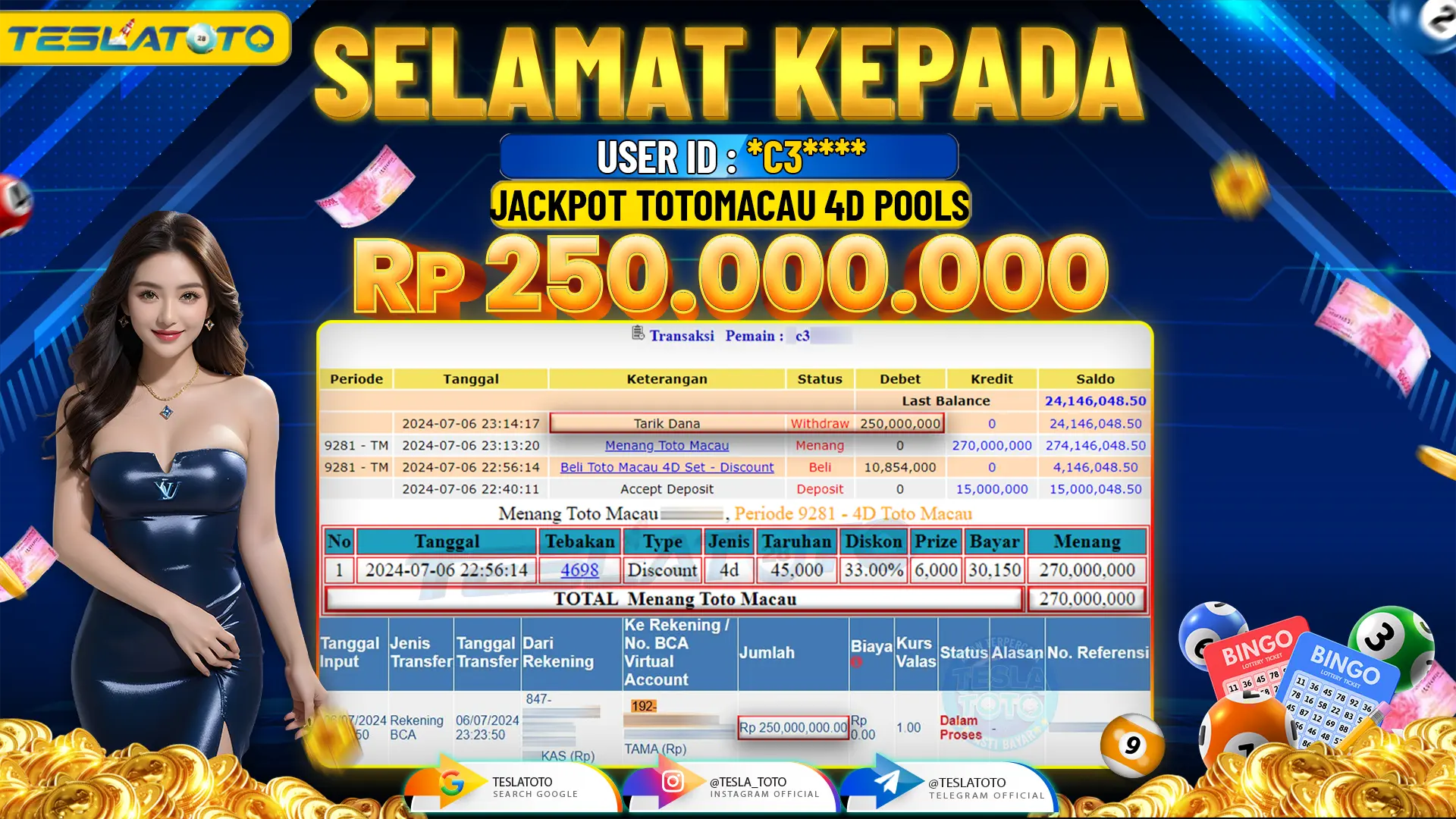 TESLATOTO JACKPOT TOTO MACAU 4D POOLS  Rp. 250.000.000 LUNAS