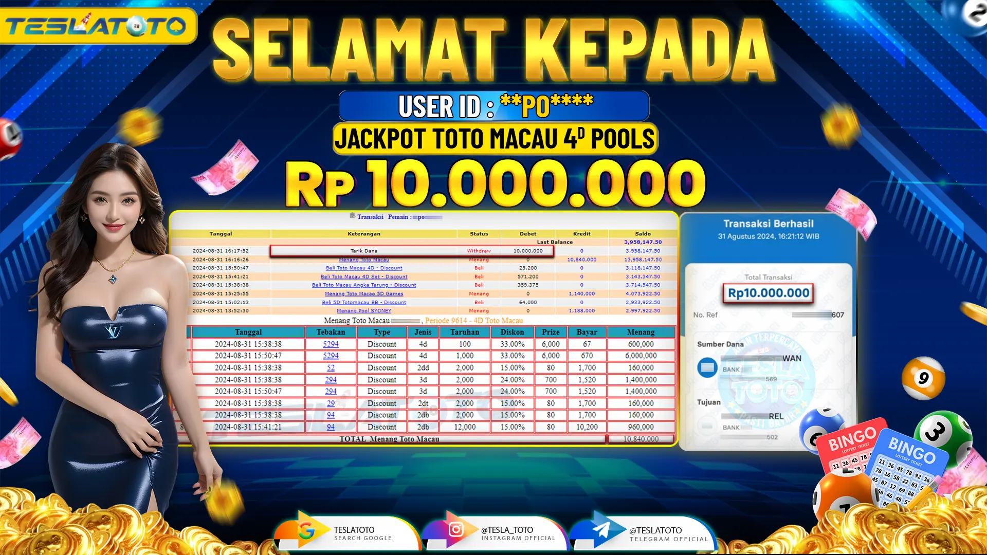 TESLATOTO JACKPOT TOTO MACAU 4D POOLS  Rp. 10.000.000 LUNAS