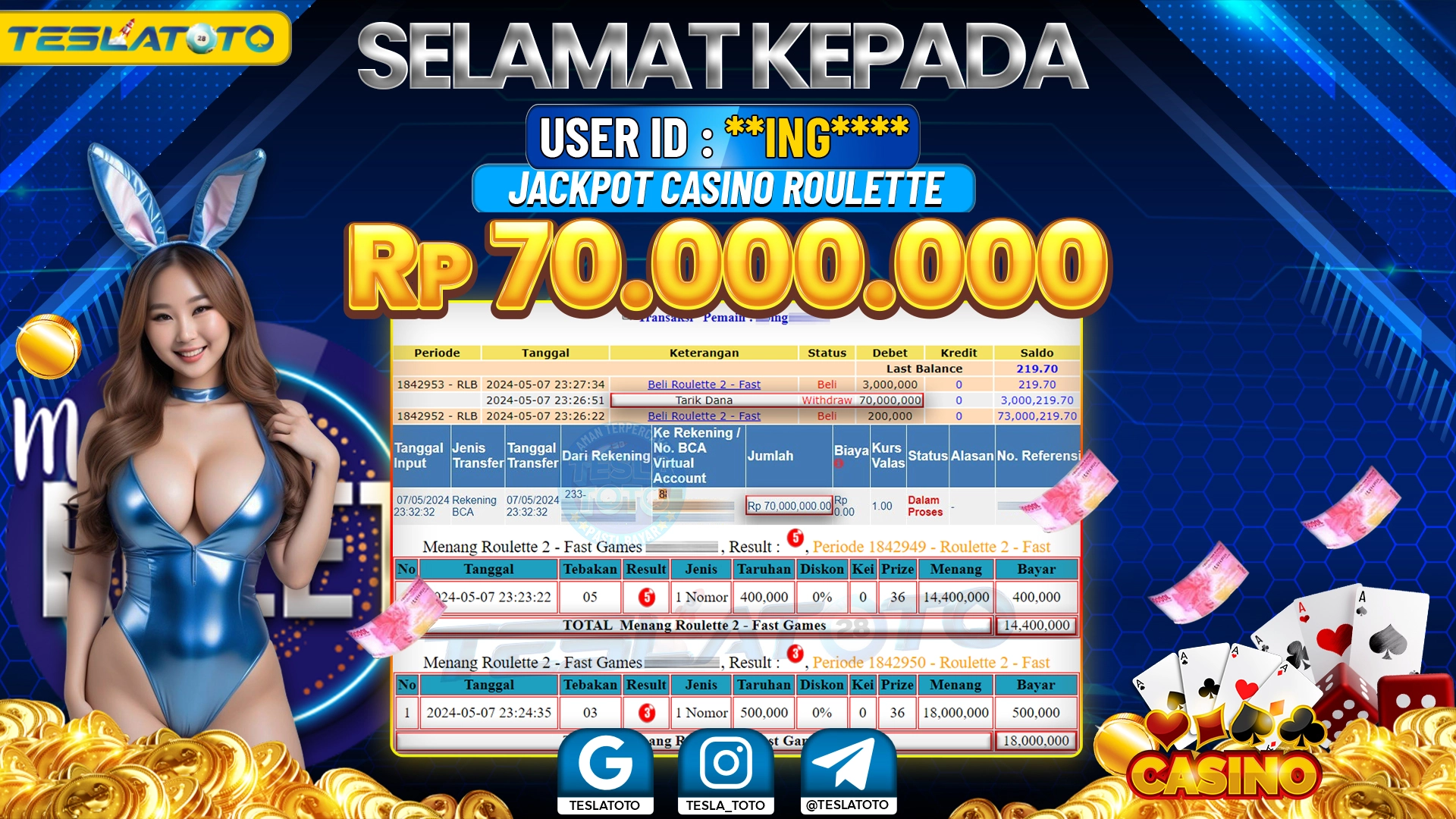 TESLATOTO JACKPOT CASINO ROULETTE Rp. 70.000.000 LUNAS